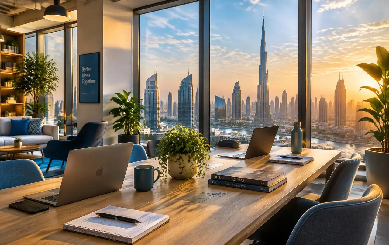Coworking space overlooking the Dubai skyline